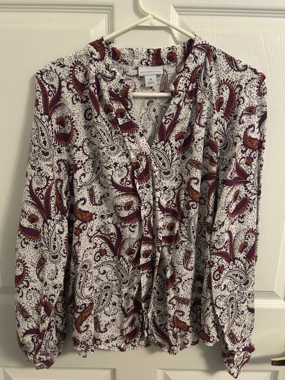 Liz Claiborne White Paisley Blouse - Burgundy & Brown Accents